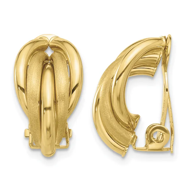 Pair of gold-toned clip-on earrings with curved, ridged design shown from front and side views.