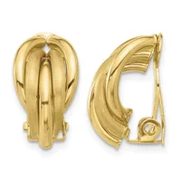 Pair of gold-toned clip-on earrings with curved, ridged design shown from front and side views.