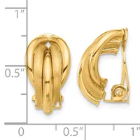 Two gold-tone curved clip-on earrings shown from front and back views, displayed against a measurement scale indicating approximately one inch in height.