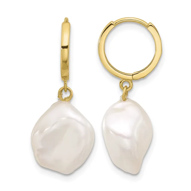 Gold hoop earrings with baroque pearl drops hanging from small connector loops.