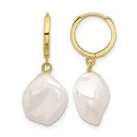 Gold hoop earrings with baroque pearl drops hanging from small connector loops.