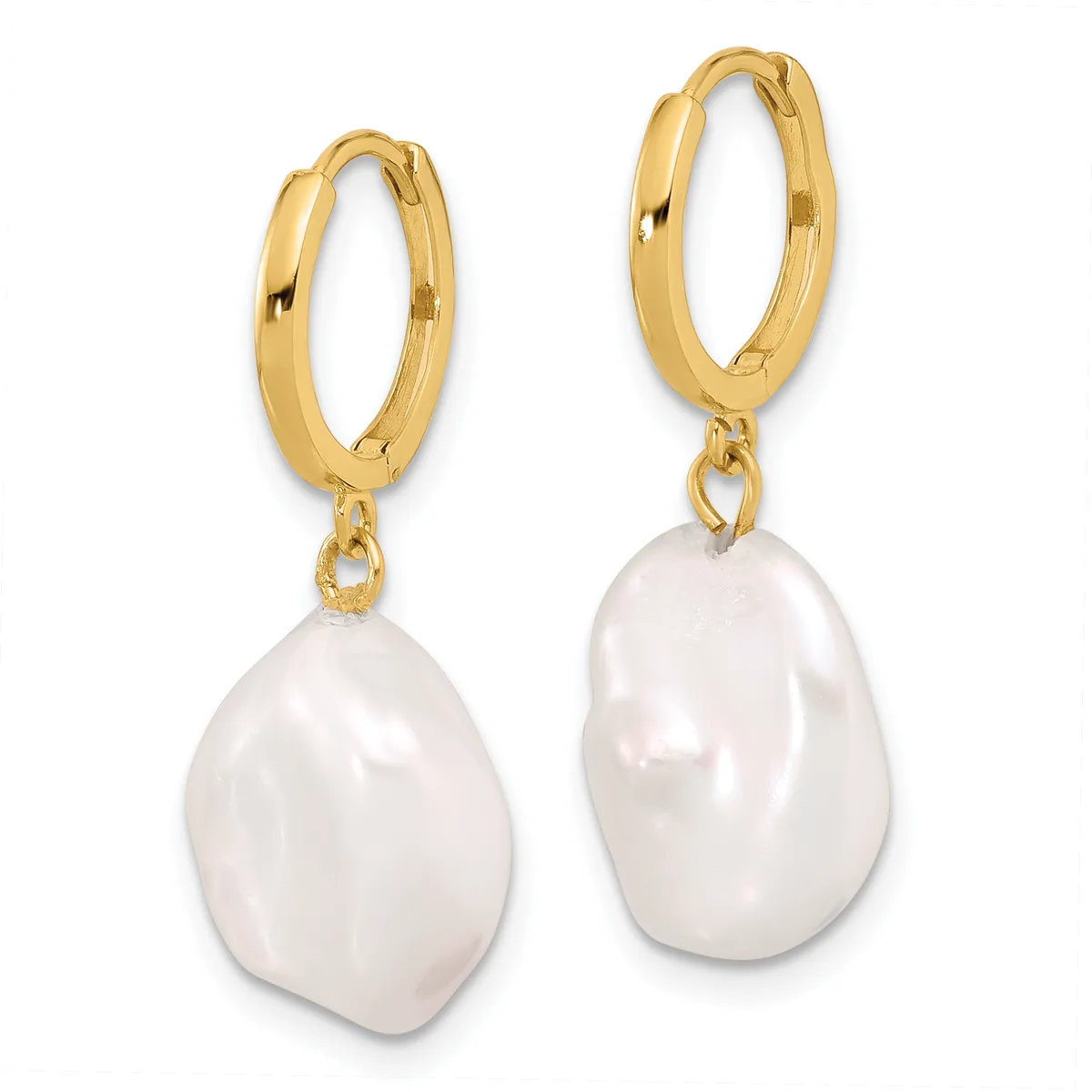 Pair of gold hoop earrings with baroque pearl drops hanging from small loop connectors.