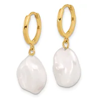 Pair of gold hoop earrings with baroque pearl drops hanging from small loop connectors.