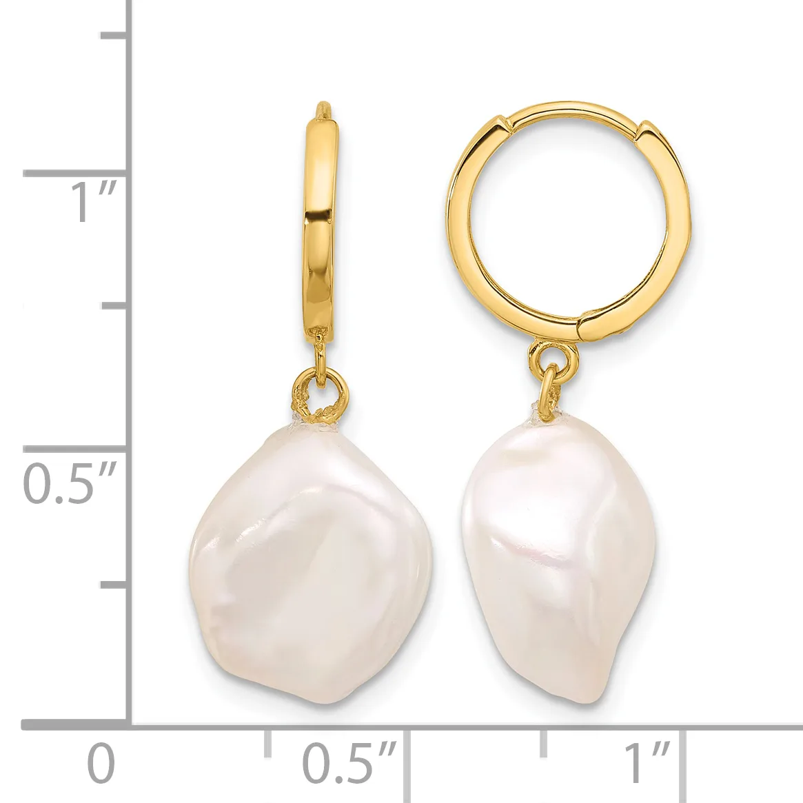 Pair of gold hoop earrings with baroque pearl drops, shown front and side view against a measurement scale.