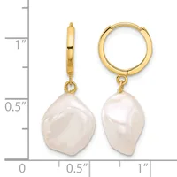 Pair of gold hoop earrings with baroque pearl drops, shown front and side view against a measurement scale.