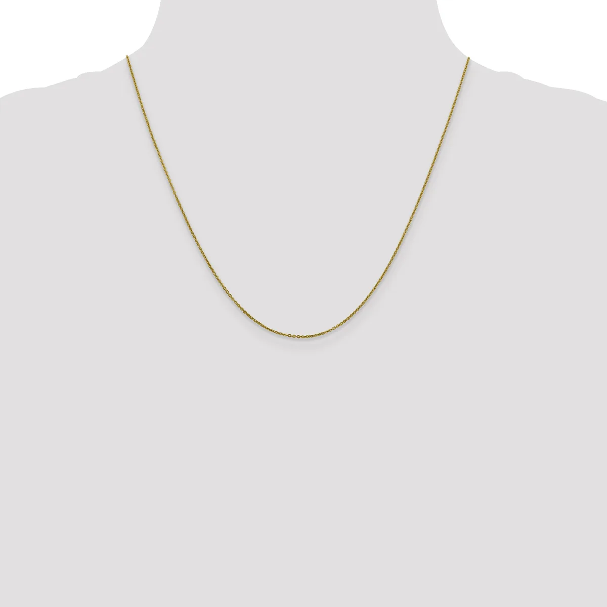 A thin gold-toned chain necklace displayed on a mannequin bust against a white background.