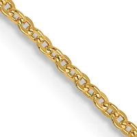 A gold-toned chain with an interlocking oval link design, displayed diagonally against a white background.