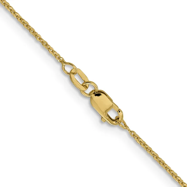 A gold chain necklace with a lobster claw clasp displayed against a white background.