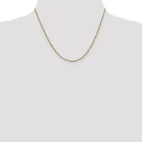 A thin gold-toned chain necklace displayed on a mannequin bust against a white background.