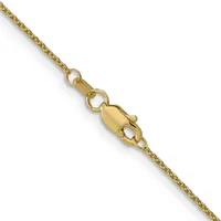 A gold chain necklace with a lobster claw clasp, displayed diagonally against a white background.