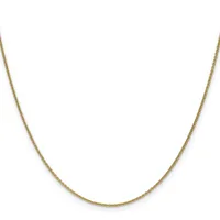 A thin gold-toned chain necklace displayed against a white background.