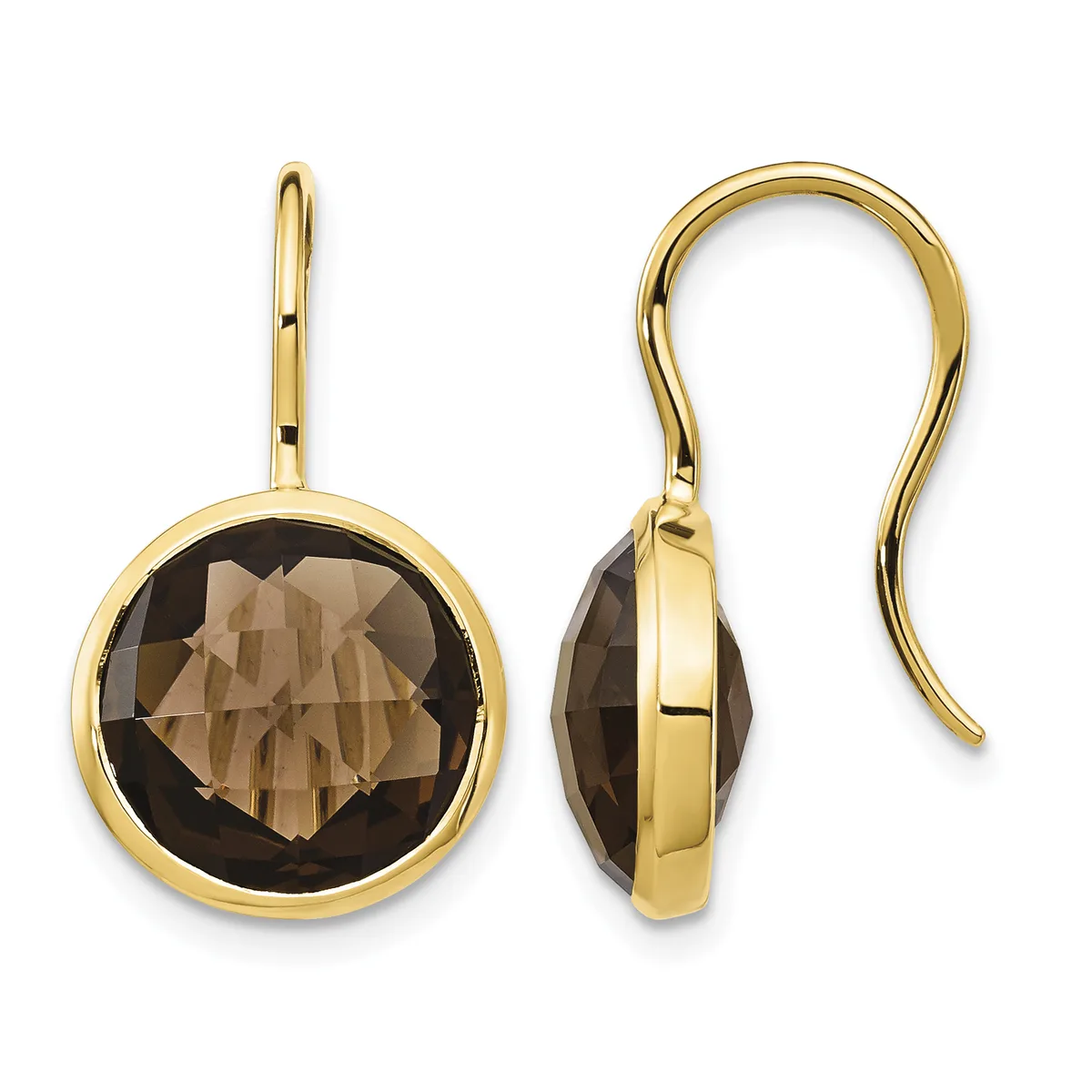 A pair of gold drop earrings with round faceted smoky quartz stones set in bezel settings, shown from front and side views.