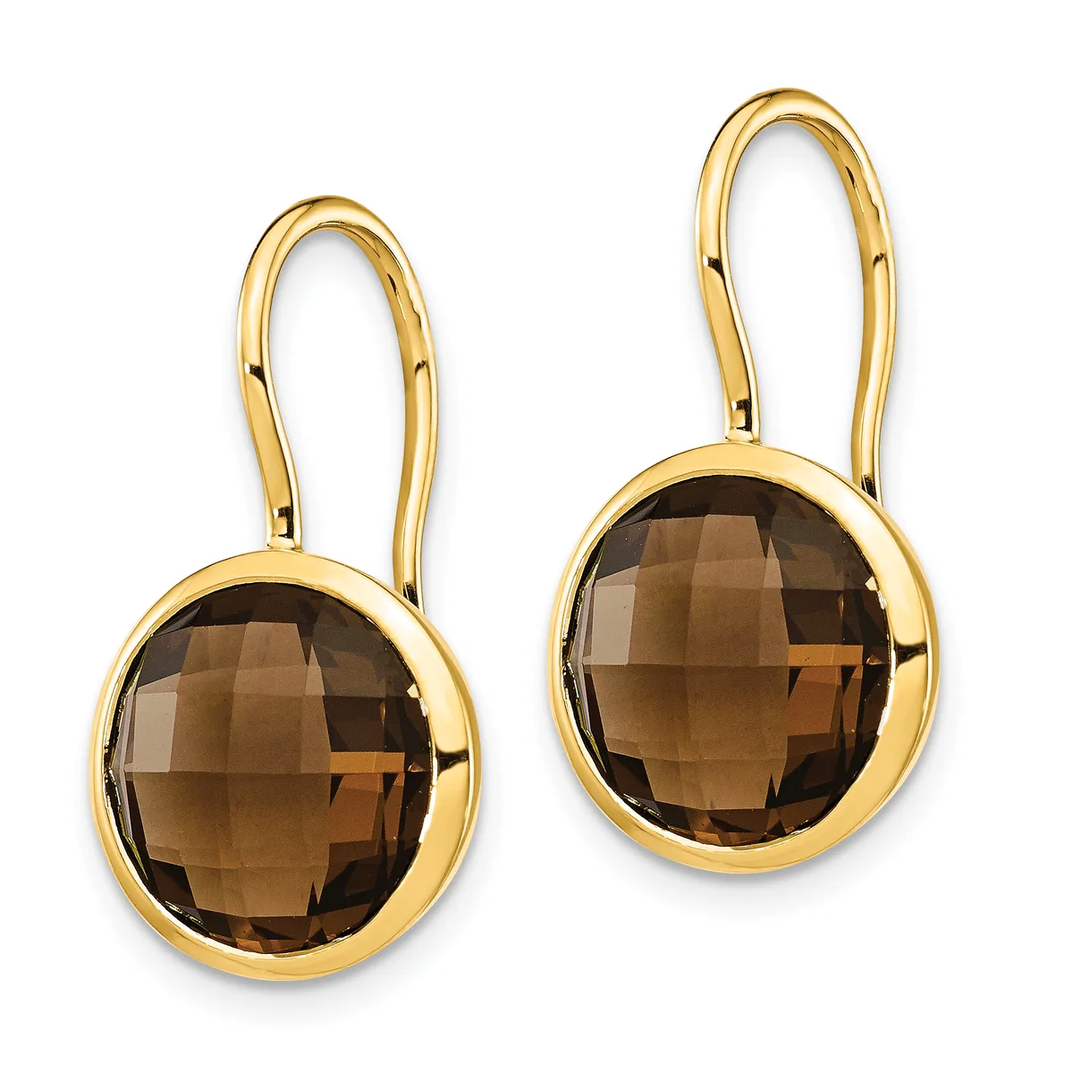 A pair of gold drop earrings with oval loops and round faceted smoky brown gemstone pendants.