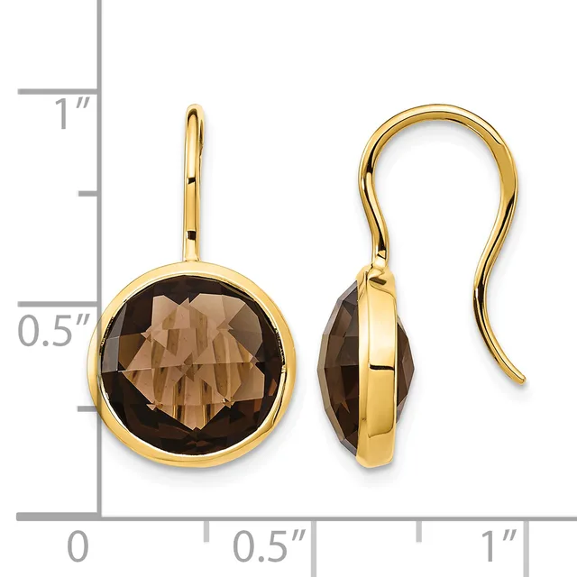 Pair of gold drop earrings with faceted smoky quartz stones set in round bezels, shown from front and back views against a measurement scale.