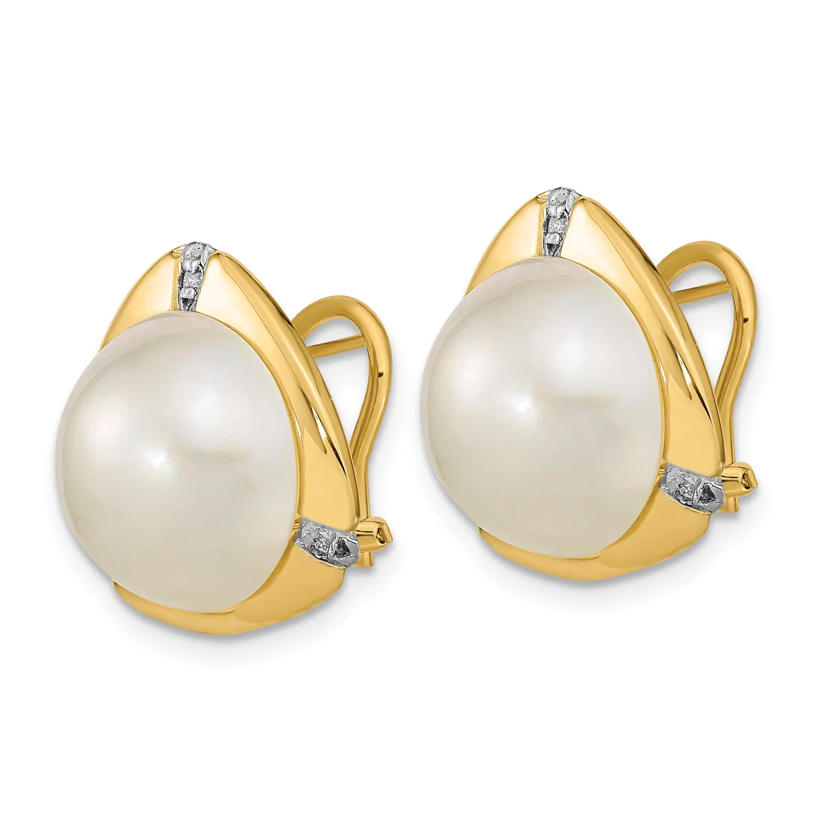 A pair of gold clip-on earrings, each featuring a large white pearl set in a polished gold frame with small diamond accents at the top and bottom.