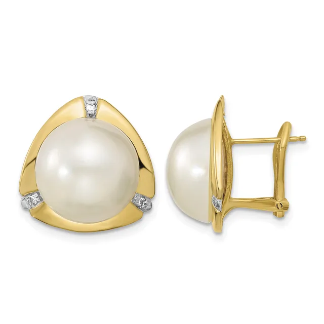 Pair of gold earrings featuring large white pearl centers set in curved gold frames with small diamond accents, shown from front and side views.
