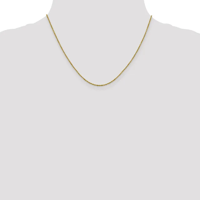 A thin gold-toned chain necklace displayed on a mannequin bust against a white background.