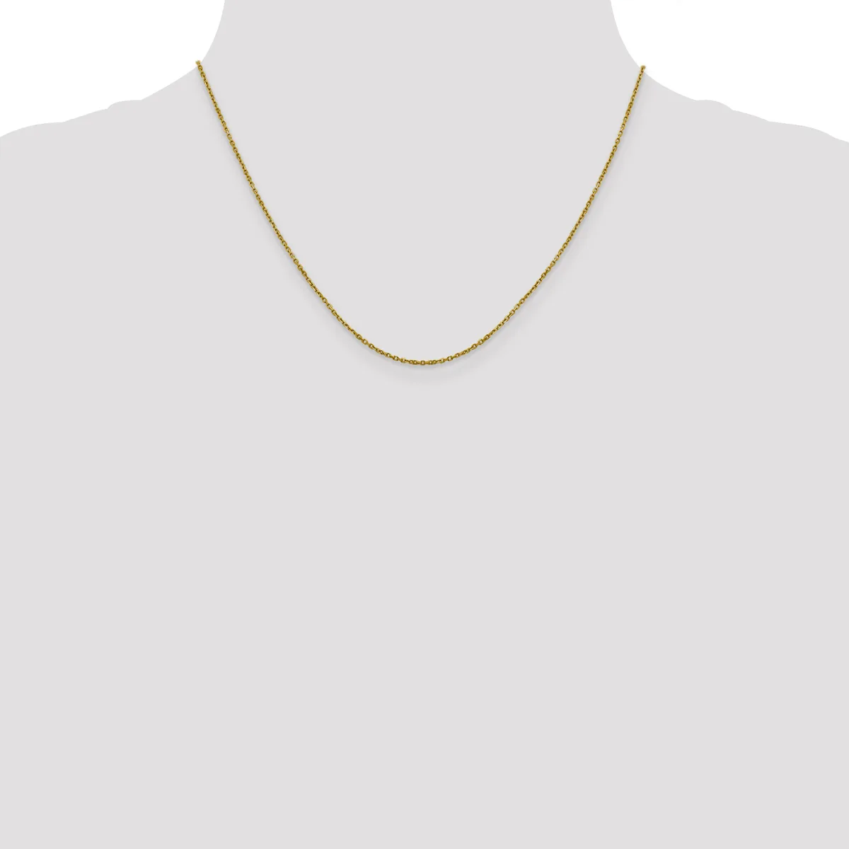 A thin gold-toned chain necklace displayed on a mannequin bust against a white background.