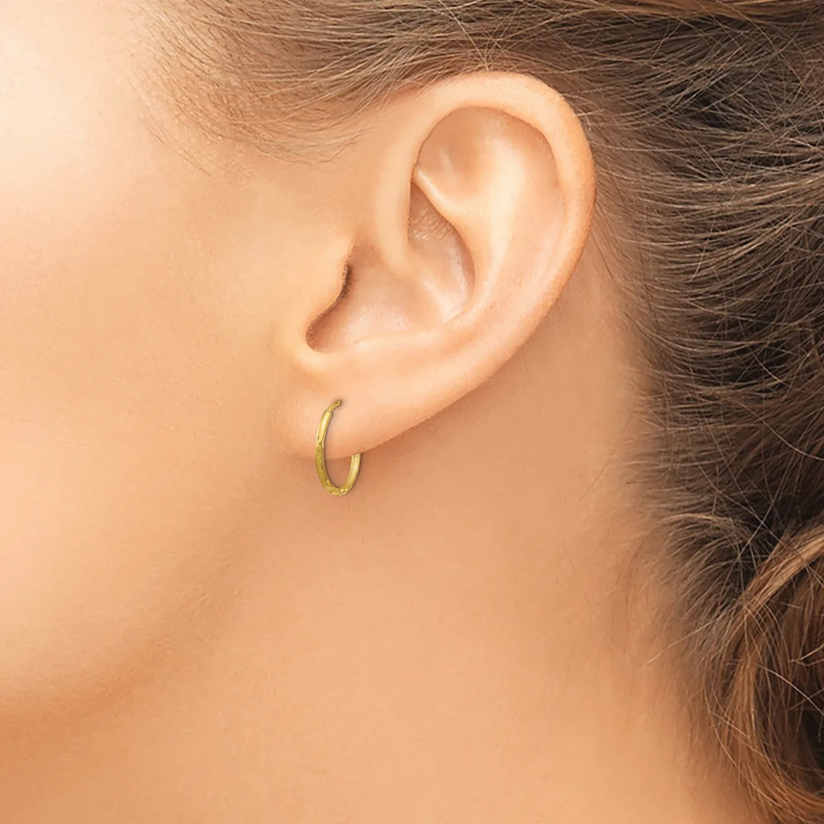 A small gold hoop earring is worn in the earlobe of a person with brown hair shown from the side.