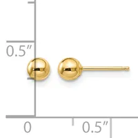A pair of polished gold ball stud earrings displayed next to a measurement ruler showing they are approximately 0.5 inches in diameter.