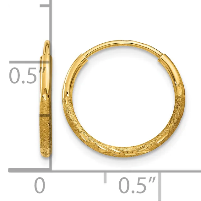 A pair of gold hoop earrings with a textured finish, shown front and side view with a measurement scale indicating approximately 0.5 inches in diameter.