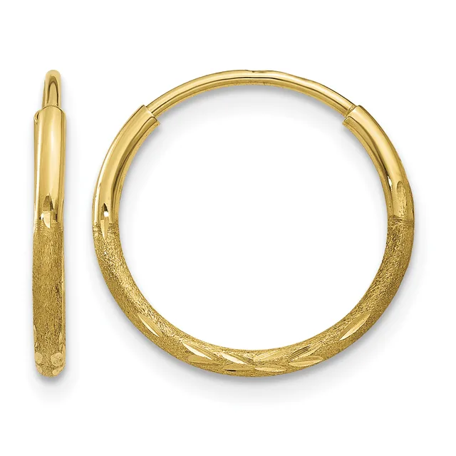 A pair of gold hoop earrings with textured surfaces shown from the front and side view.