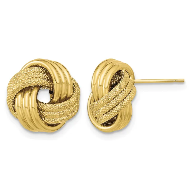 Pair of gold knot stud earrings with textured and polished surfaces, shown from front and side angles.