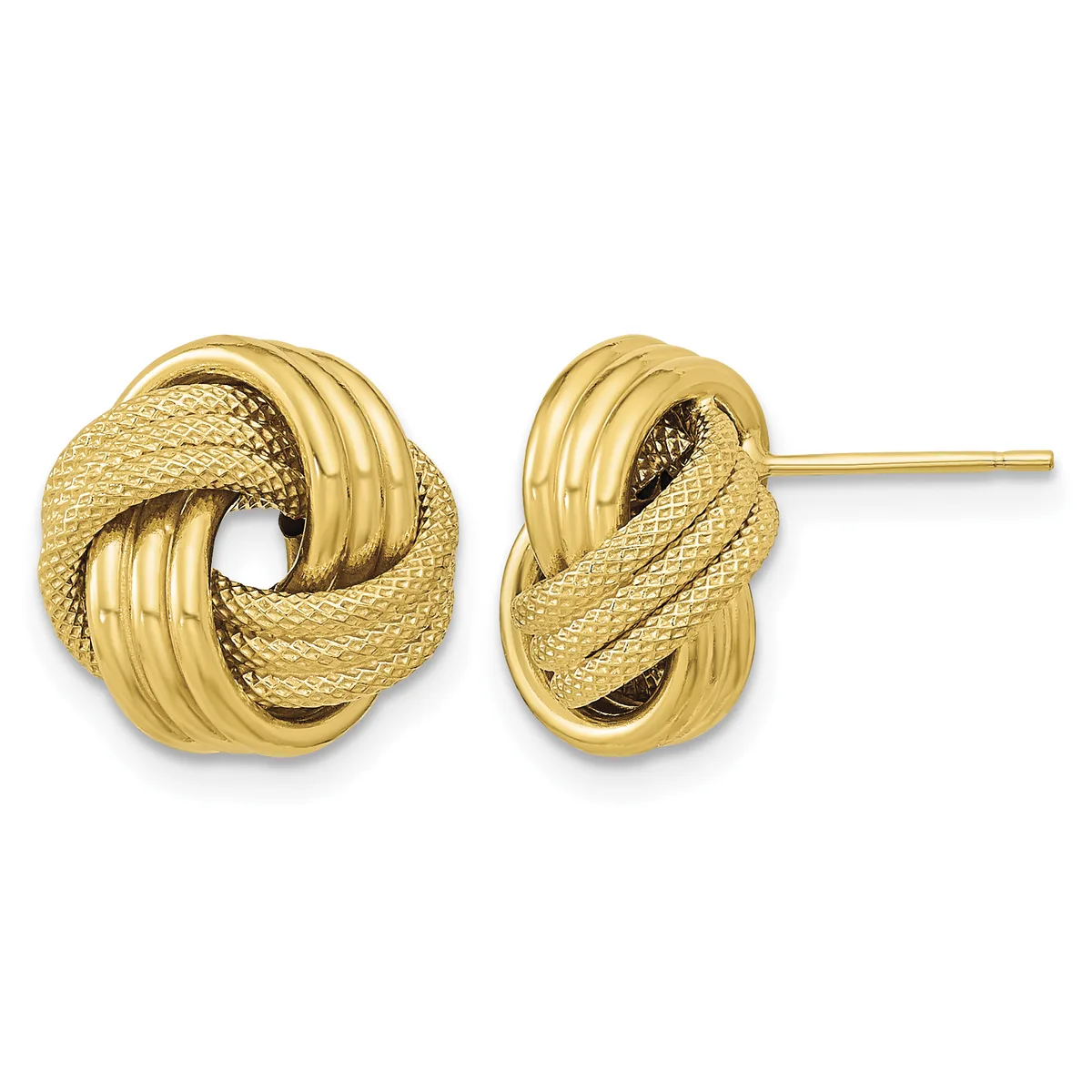 Pair of gold knot stud earrings with textured and polished surfaces, shown from front and side angles.