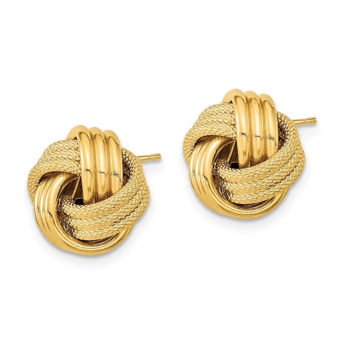 A pair of gold knot stud earrings with textured and polished surfaces, shown from the front against a white background.