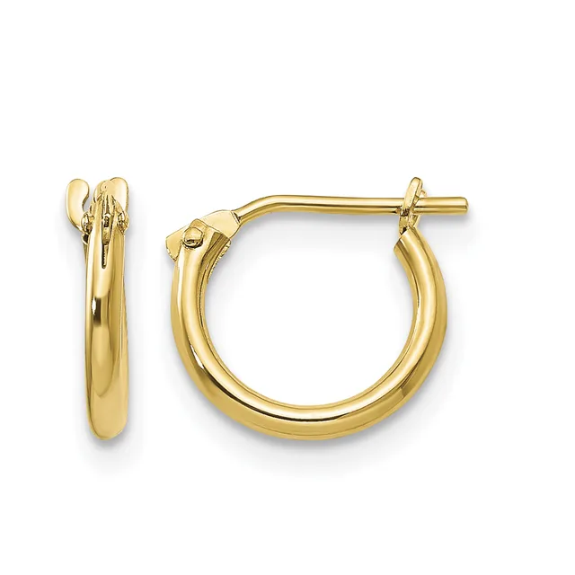 A pair of polished gold hoop earrings with a chunky rounded profile and posts with friction backs, shown from front and side views.