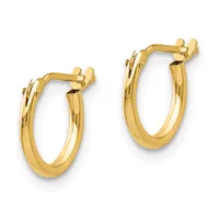 A pair of polished gold hoop earrings with a smooth curved design and hinged closures, displayed against a white background.