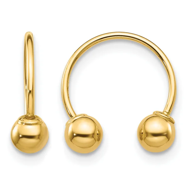 Two gold ball earrings displayed side by side, one with a long wire post and one as a hinged hoop style.