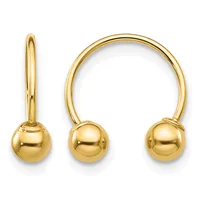 Two gold ball earrings displayed side by side, one with a long wire post and one as a hinged hoop style.