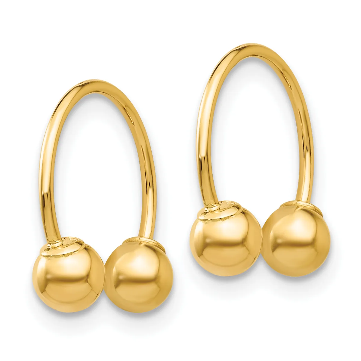 Two gold hoop earrings with polished spherical ball terminals, displayed side by side against a white background.
