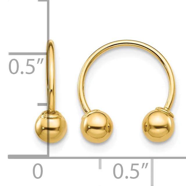 Gold-colored ball-drop earrings shown from front and side views with a measurement scale indicating approximately 0.5 inches in length.
