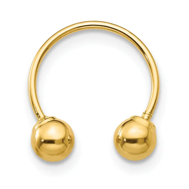 A gold-colored open bangle bracelet with a smooth, polished finish and spherical ball terminals on each end.