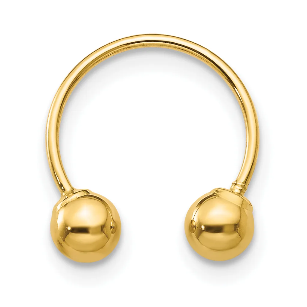 A gold-colored open bangle bracelet with a smooth, polished finish and spherical ball terminals on each end.