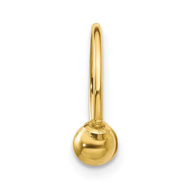 A polished gold-colored spherical pendant hanging from a thin curved bail against a white background.