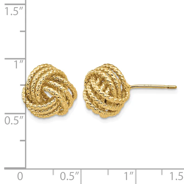 A pair of textured gold knot stud earrings with posts, displayed against a measurement scale showing approximately 0.75 inches in diameter.