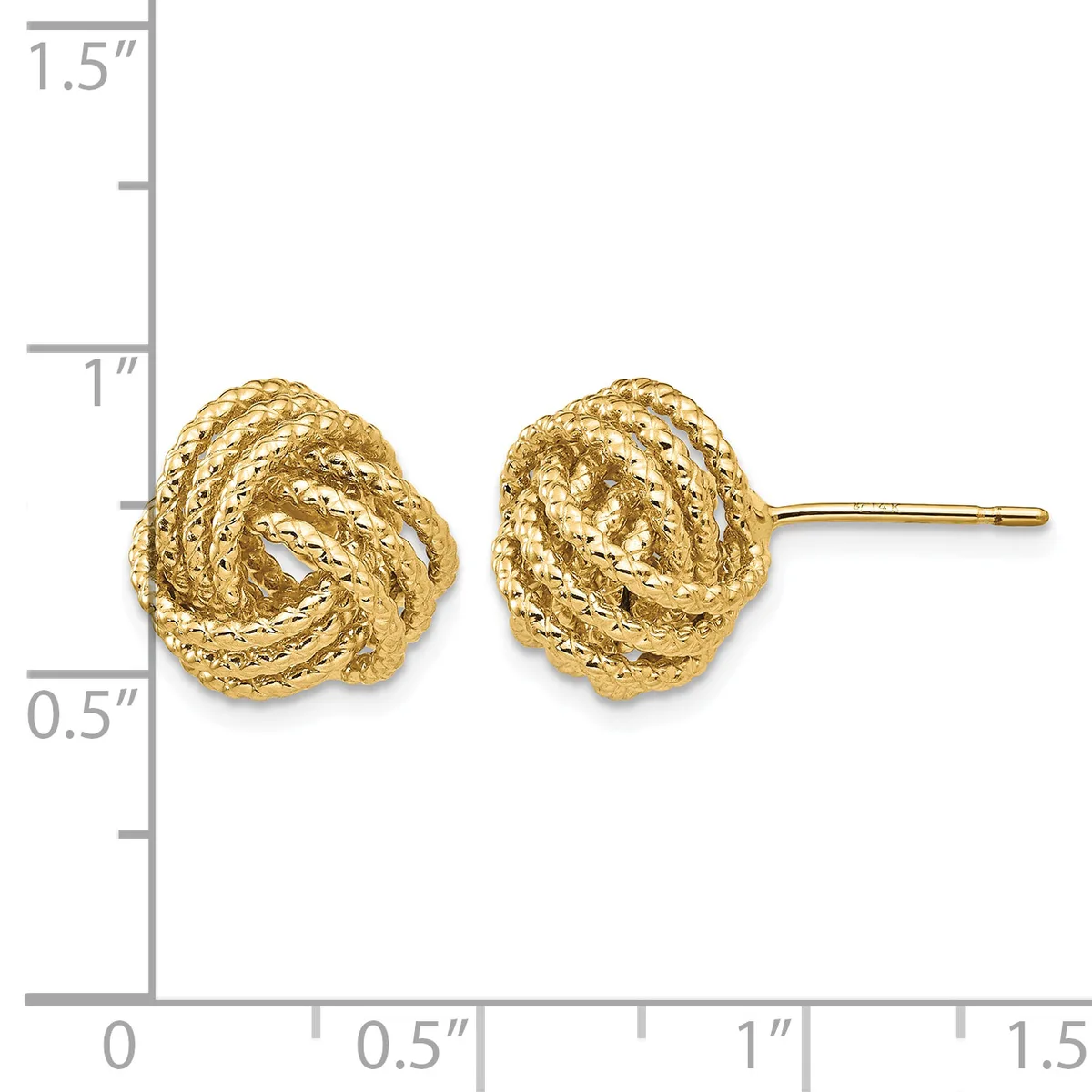 A pair of textured gold knot stud earrings with posts, displayed against a measurement scale showing approximately 0.75 inches in diameter.
