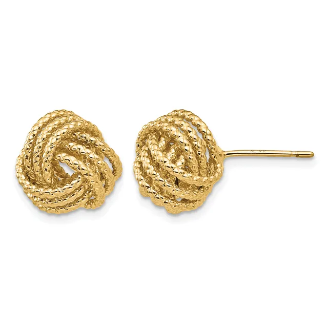 Pair of gold twisted knot stud earrings with post backs displayed against a white background.