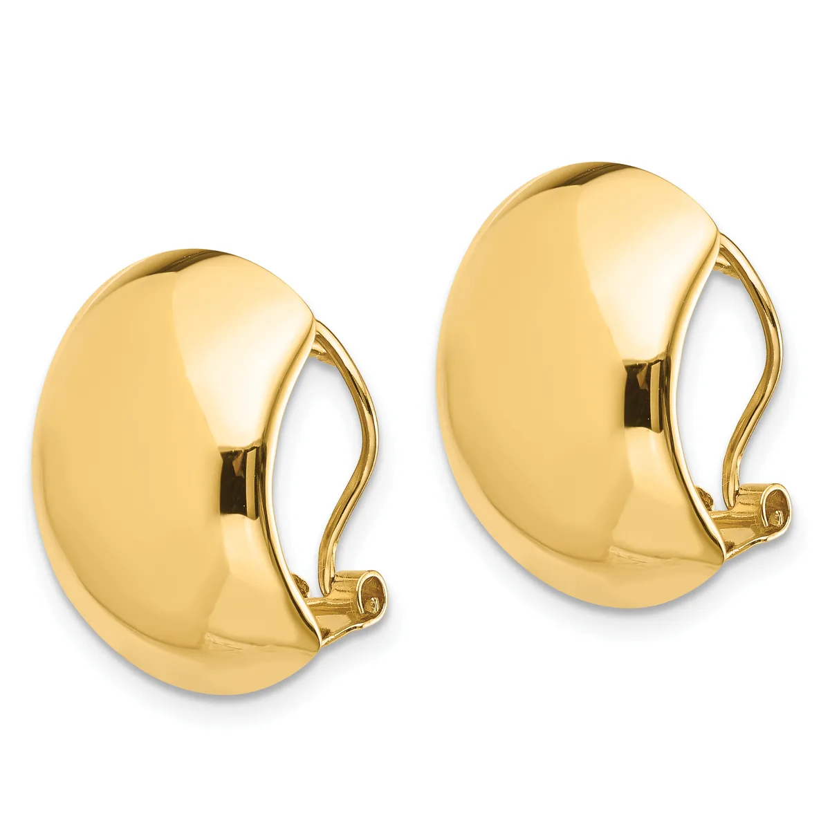 A pair of polished gold dome-shaped clip-on earrings displayed side by side against a white background.
