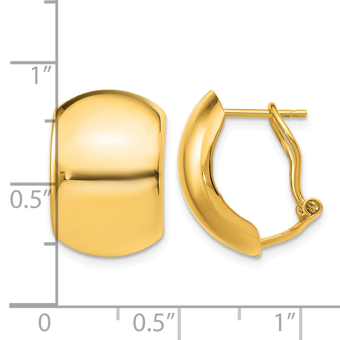 Pair of polished gold huggie earrings with curved rectangular shapes and hinged posts, shown from front and side views with a measurement scale.