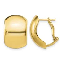 Pair of polished gold huggie earrings shown from front and side views, featuring a curved rectangular shape with a hinged post and clutch closure.