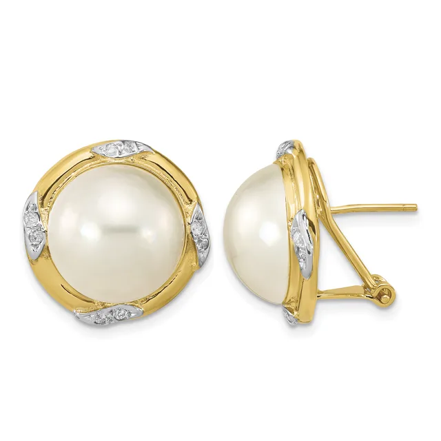 Pair of gold and pearl stud earrings with white diamond accents, shown from front and side views.
