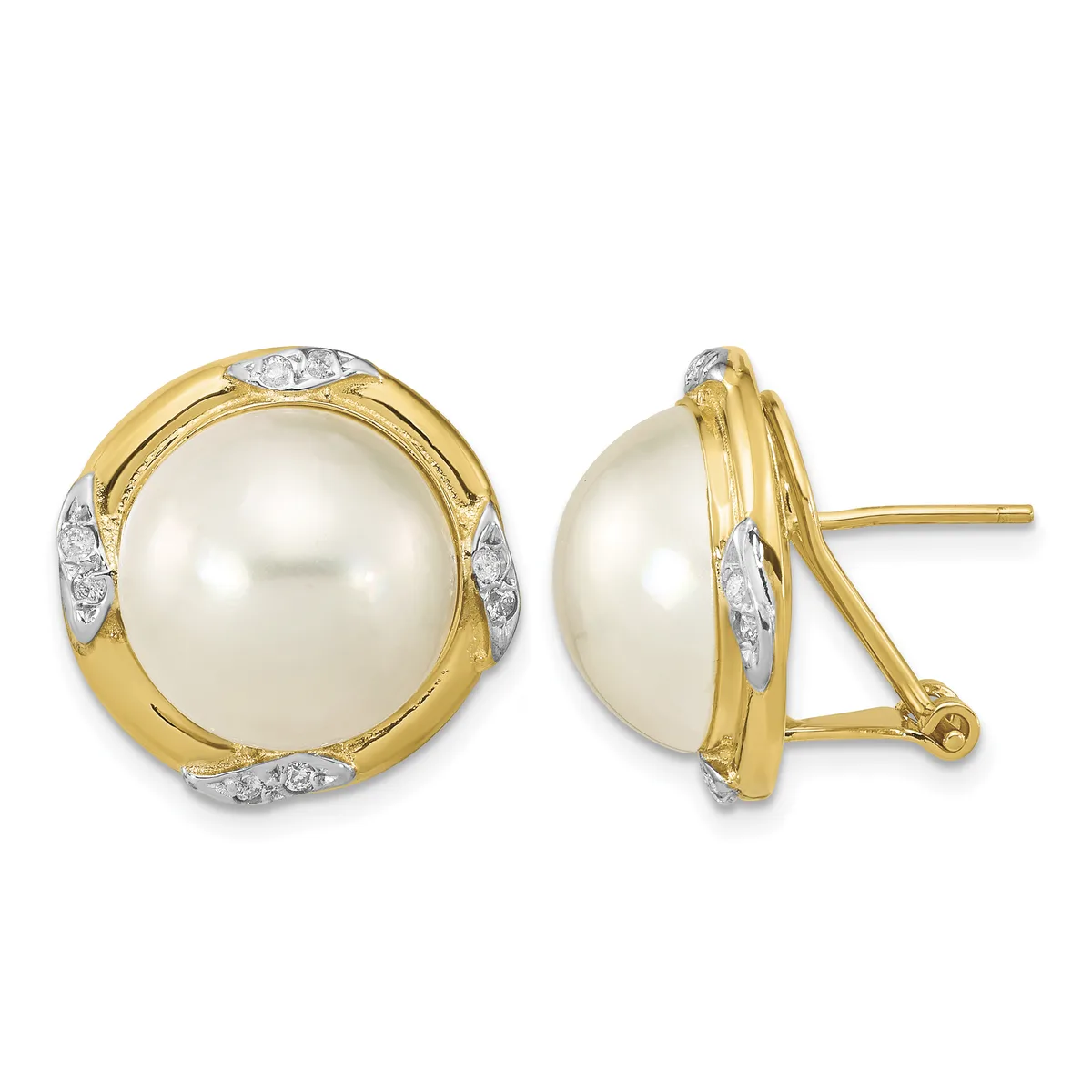 Pair of gold and pearl stud earrings with white diamond accents, shown from front and side views.