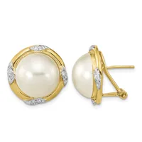 Pair of gold and pearl stud earrings with white diamond accents, shown from front and side views.