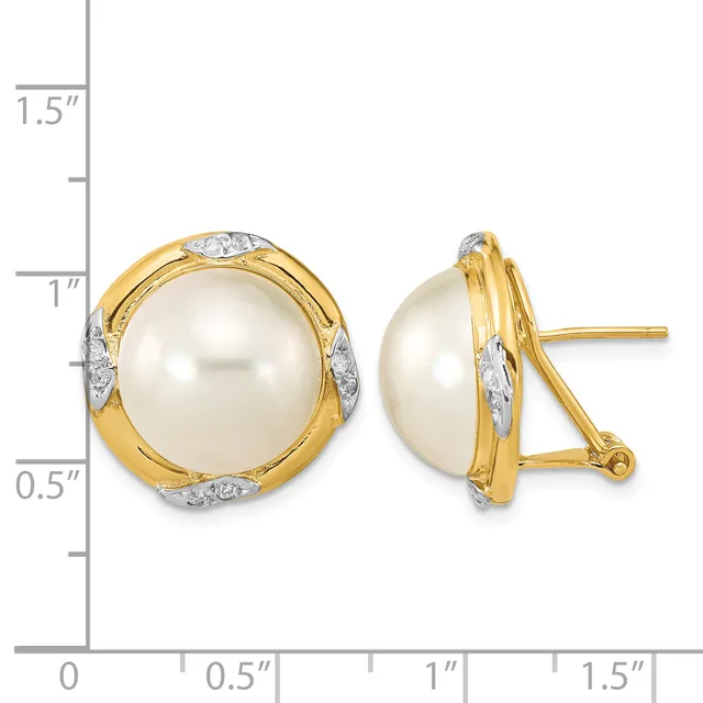 Two-tone gold and white metal earrings featuring large cream pearls surrounded by diamond accents, shown from front and side views with a measurement scale.