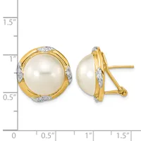 Two-tone gold and white metal earrings featuring large cream pearls surrounded by diamond accents, shown from front and side views with a measurement scale.