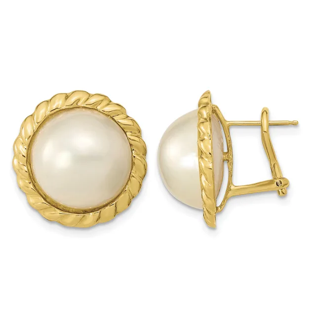 Pair of gold-toned earrings with white pearl cabochon centers surrounded by twisted rope-textured bezels, shown from front and side views.